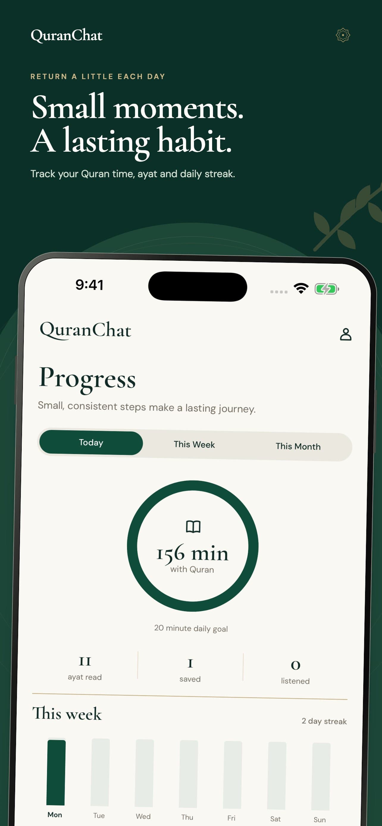 QuranChat Progress screen with time spent, ayat read, and weekly activity