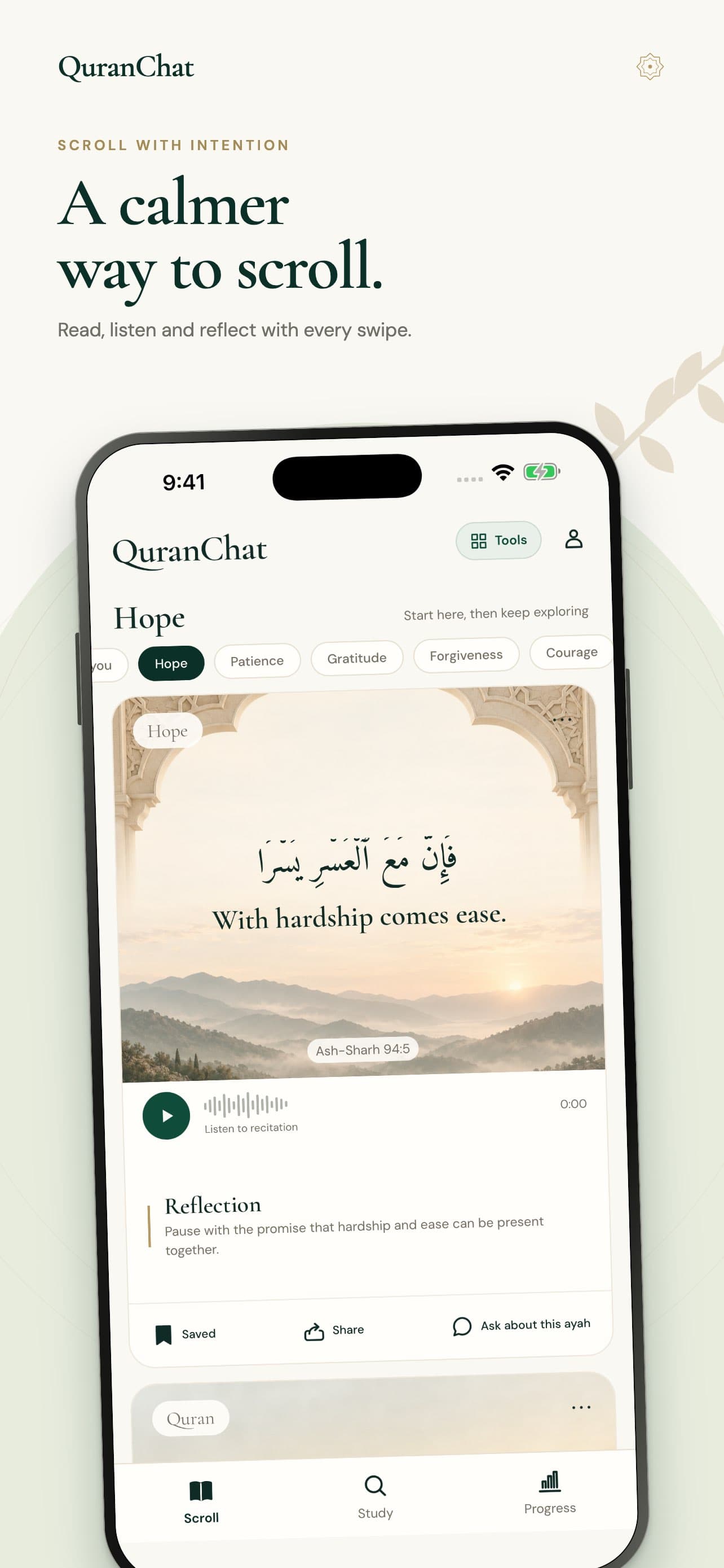 QuranChat Scroll screen showing an ayah, translation, recitation, and reflection