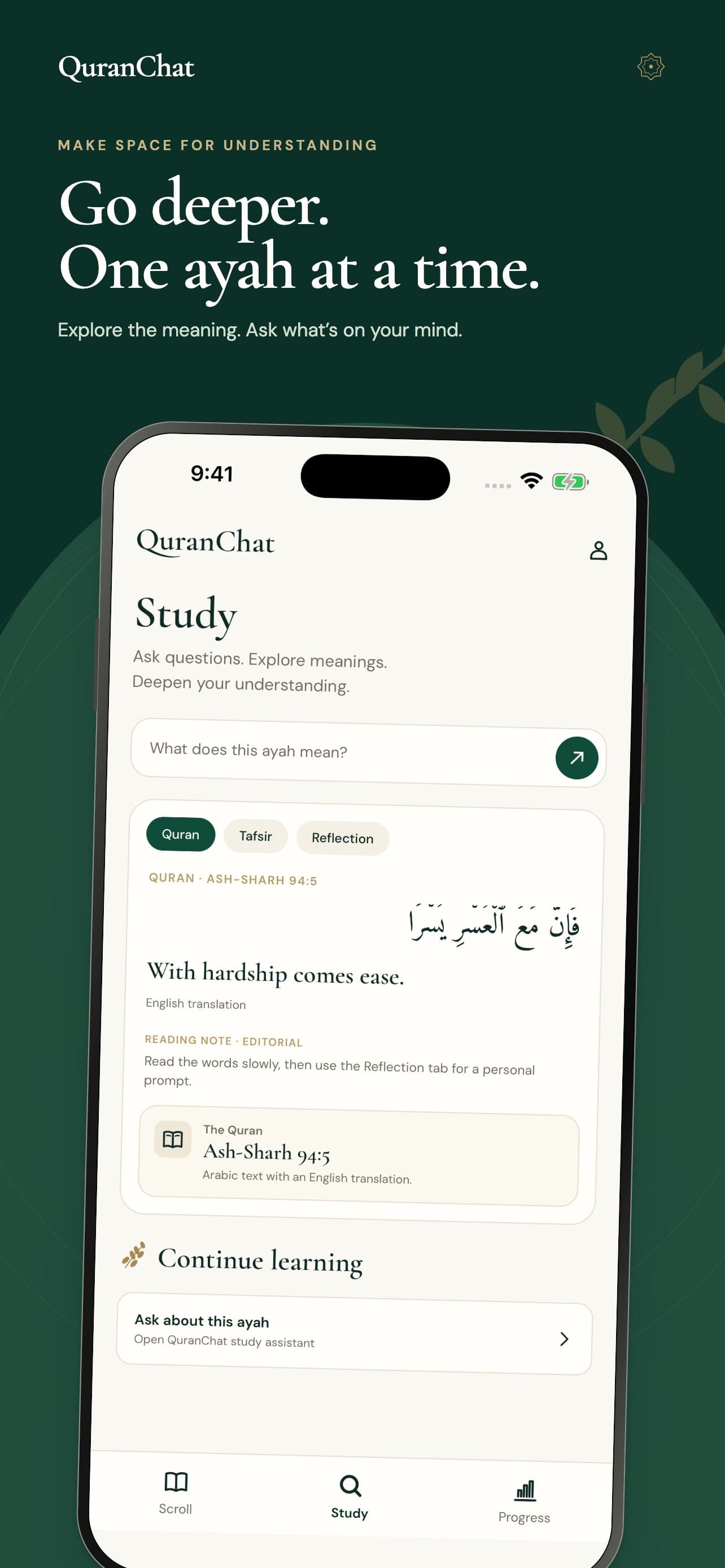 QuranChat Study screen with an ayah, translation, reading note, and a prompt to ask about the verse