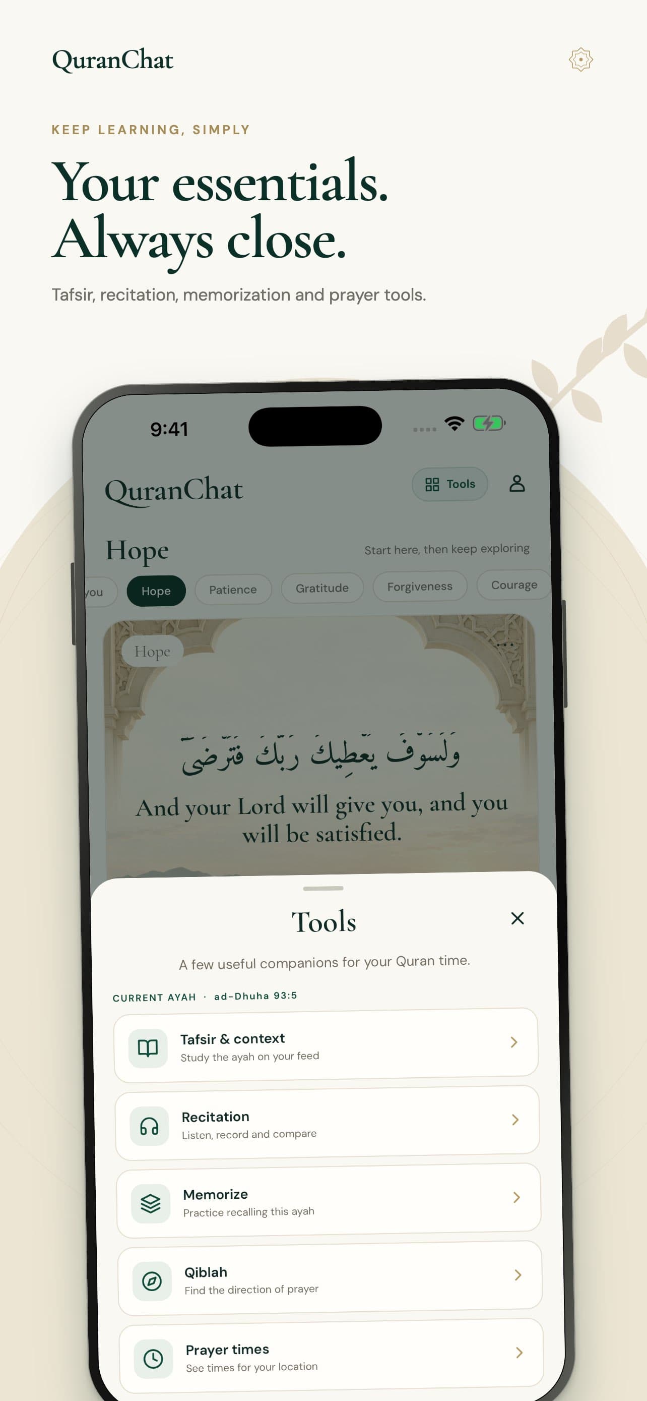QuranChat tools menu showing Tafsir, recitation, memorization, Qiblah, and prayer times